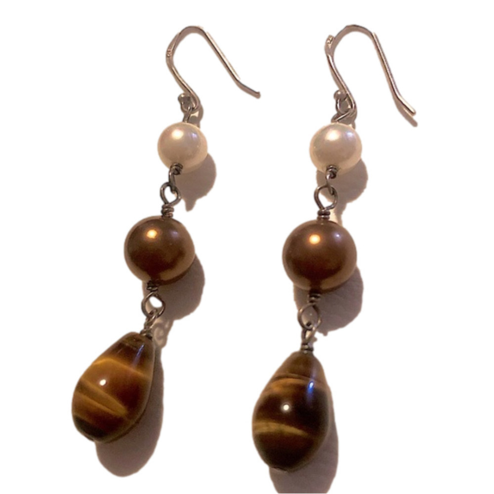 VTG Tigers Eye w White & Brown Pearl Dangle Earrings 2.1”